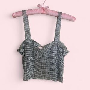 Small Silver Rhinestone Strap Crop Top - Women